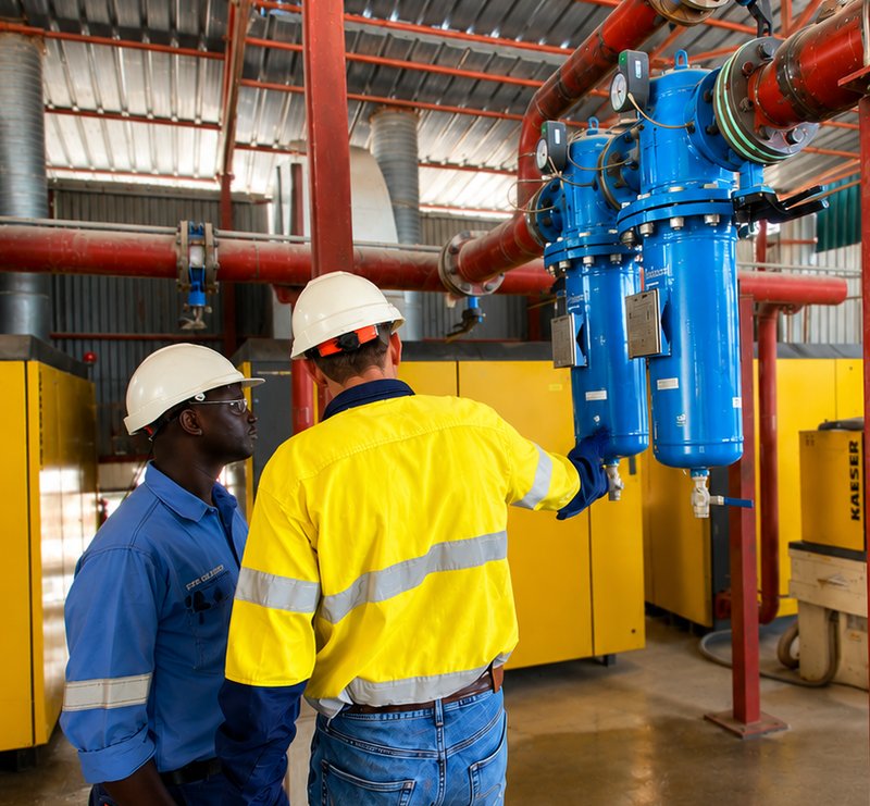 Fleetcare technicians inspecting industrial compressed air filtration units at a plant in Tanzania